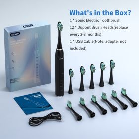 Sejoy Sonic Electric Toothbrush for Adults, Rechargeable 5 Cleaning Modes Sonic Toothbrush with 12 Brush Heads Smart Timer (Color: WS-7006-BLA)